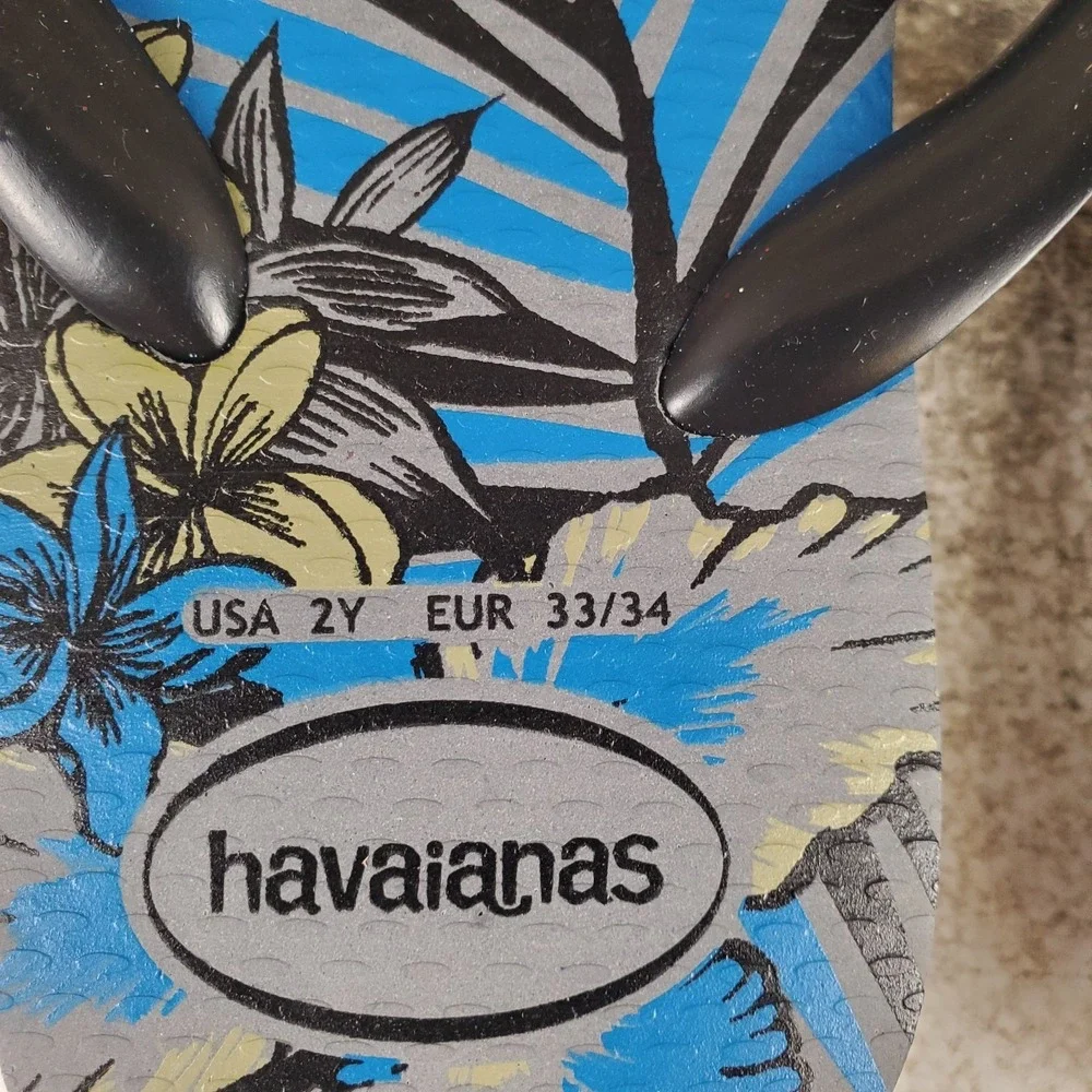 Havaianas Aloha Kids Flip Flop Sandals Sz 2 Black Blue‎ Rubber Floral Slip On